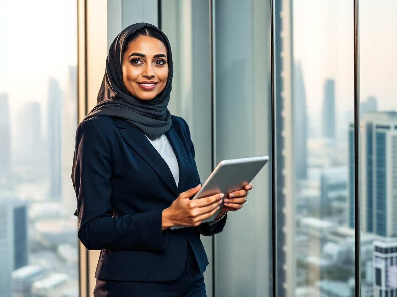 Presenter in front of the Dubai skyline